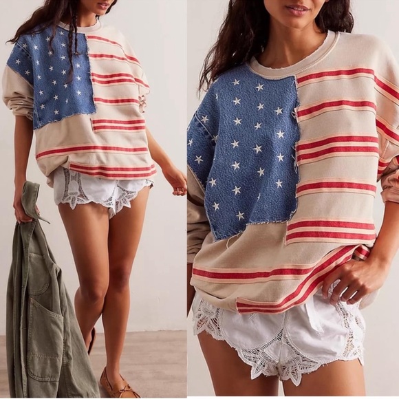 Tricia Fix Sweaters - Free People x Tricia Fix Stars & Stripes Patchwork Crewneck Sweater Size Small